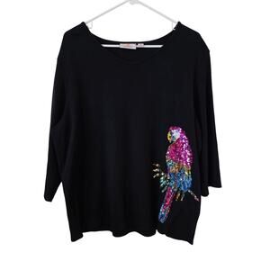 Quacker Factory Womens Parrot Sequin 3/4 Sleeve Top Size XL Black Tropical